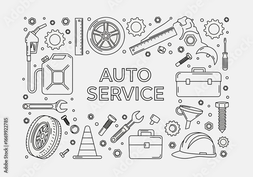 Outline illustration of auto service related icons including tools, tires, gas pump, and the words "AUTO SERVICE" in the center.