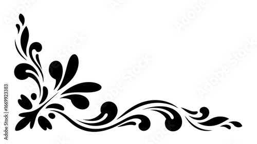 Elegant black flourish swirl design corner ornament silhouette isolated on white background