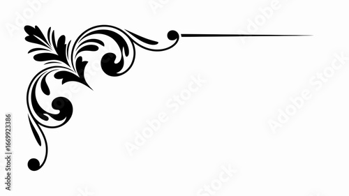 Elegant black floral corner flourish design with a delicate line extending right isolated on white background silhouette