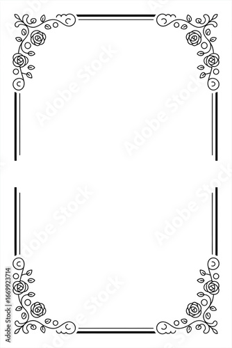 Elegant black floral corner border design silhouette isolated on white background