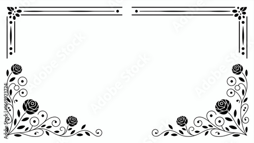 Elegant black rose flourish corner borders with decorative lines silhouette isolated on white background