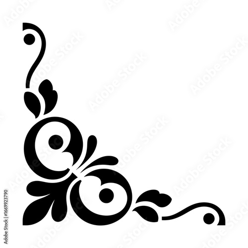 Elegant black flourish corner design silhouette isolated on white background
