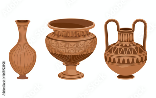 Three Ancient Greek Pottery Vases Illustrating Historical Art and Cultural Heritage Museum Exhibition Objects for Art History Education and Decoration