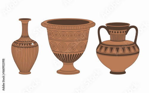 Three Ancient Greek Pottery Vases with Intricate Designs showcasing Art and Craftsmanship from Classical Antiquity against a White Backdrop