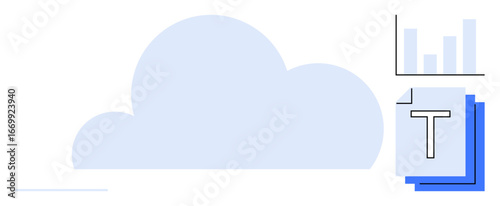 Cloud supporting data charts and document files with blue accents. Ideal for cloud computing, analytics, document management, file storage, tech services, digital tools, simple landing page