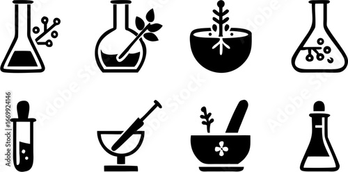 Illustration of black and white botanical science icons including beakers and mortars and pestles silhouette