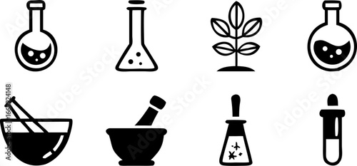 Illustration of laboratory glassware, mortar and pestle, dropper and plant in black and white style silhouette