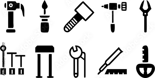 Illustration of various hand tools including hammers wrenches and other workshop equipment items shown in black silhouette