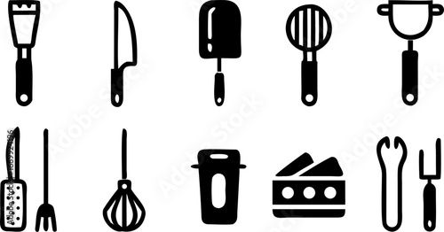 Illustration of kitchen utensils including spatula knife whisk and cooking tools in a black and white design silhouette