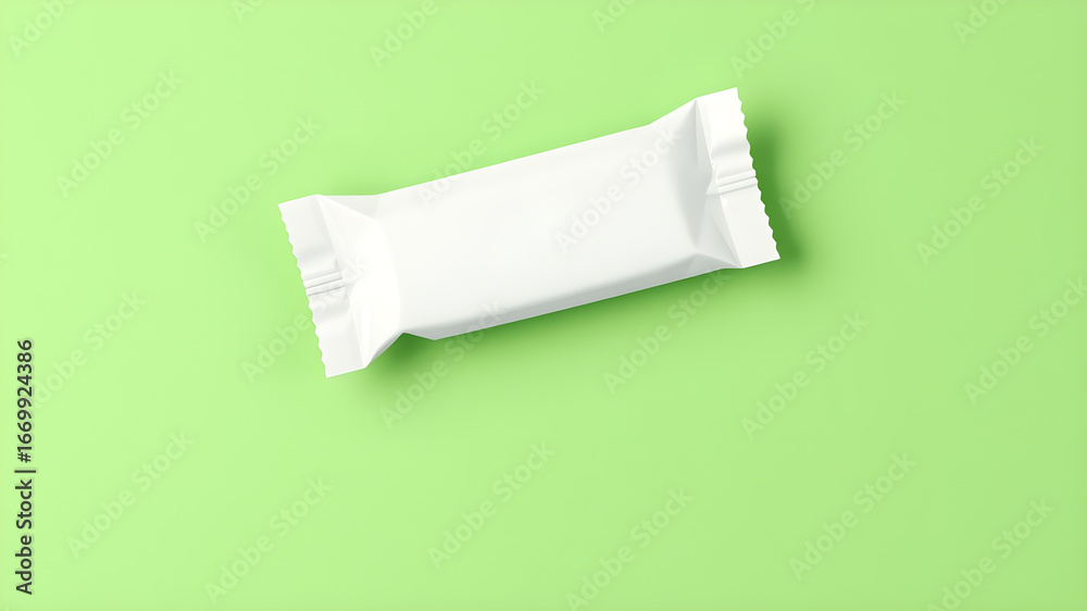 Obraz premium A single clean white wrapper for a snack or candy bar rests on a vibrant green background