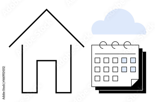 House outline beside a calendar with a small cloud overhead. Ideal for home organization, real estate, remote work, scheduling, time management, personal planning, family life. Simple flat metaphor