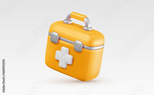 Vector illustration of realistic yellow color medical box with cross isolated on white background. Medical symbol of first aid icon. 3d cartoon style design of hospital hand bag with white cross