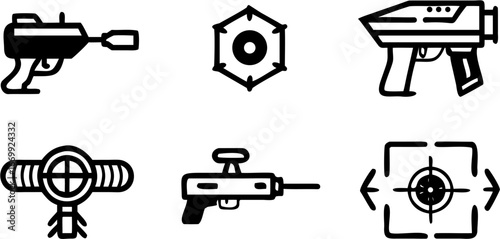 Collection of futuristic ray guns and targeting reticles in black and white line art illustration style silhouette