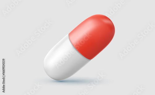 Vector illustration of realistic white and red pill on color background. 3d cartoon style design of tablet capsule. Medical drug icon