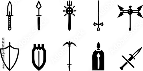 Illustration of ten black and white fantasy themed icons including weapons and shields on a white background silhouette