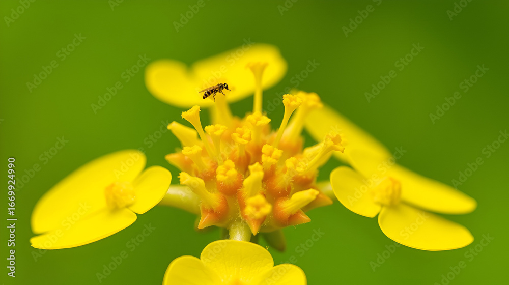 Fototapeta premium Macro shot of lady's bedstraw with vibrant yellow petals and pollen, isolated on a green background