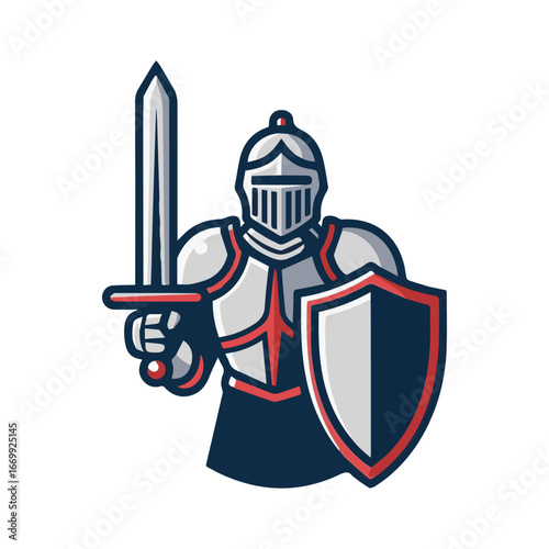 Knight Mascot with Sword and Shield in Stylized Armor