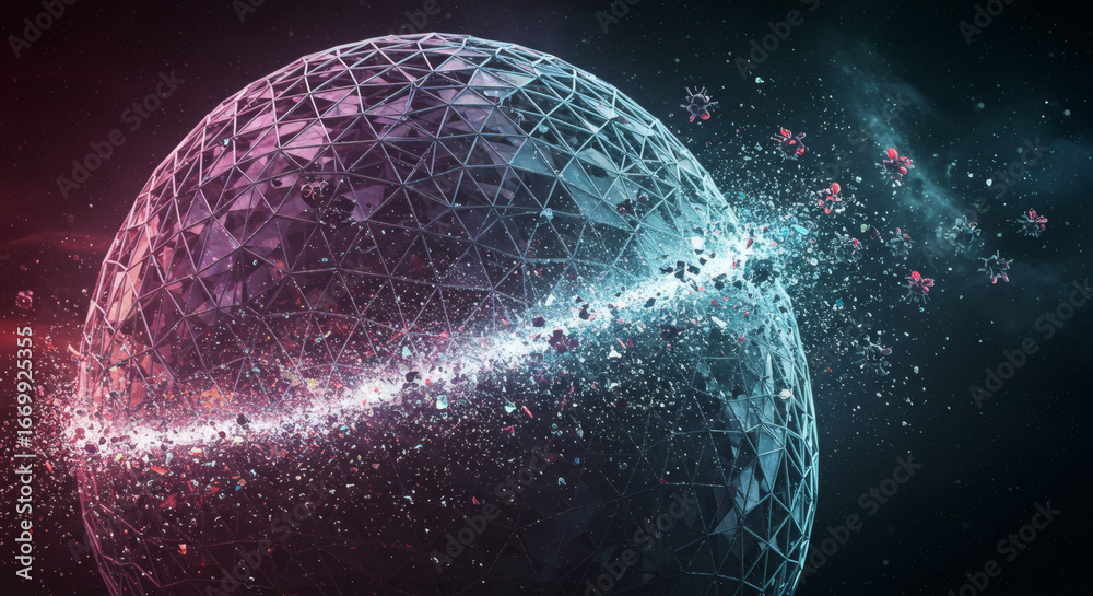 Obraz premium Abstract representation of a virus attack on a protective shield creating a barrier between infection and safety in a digital world