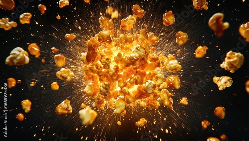 Caramel popcorn explosion on black background (1)