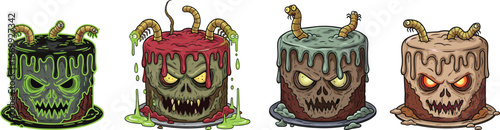 Creepy zombie horror cakes with worms and slime cartoon illustration, spooky Halloween dessert concept, scary bakery design for vector artwork