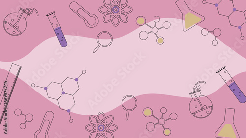 Abstract pink background decorated with chemistry icons, lab tools, molecules, and science elements, ideal for education, medical, research, and technology themed projects