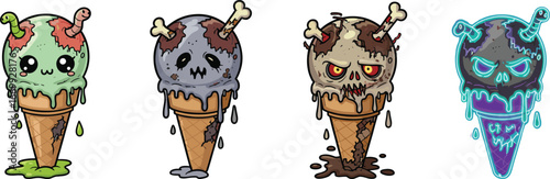 Zombie ice cream cones cartoon set with kawaii, skull, stitched, and cyberpunk styles for Halloween, horror, and digital themes.