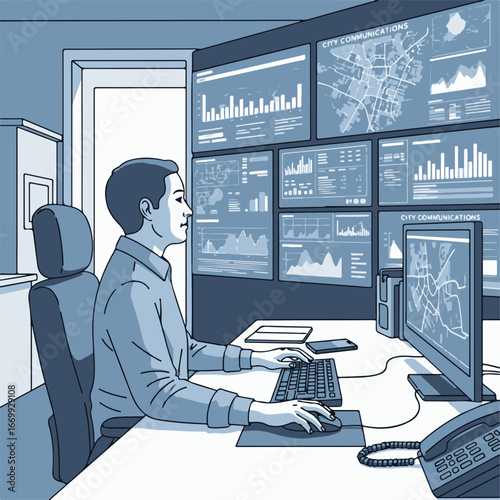 Man in mission control sits at desk with multiple screens. Mission control room shows graphs, charts, maps, and data information, providing overview of operations.