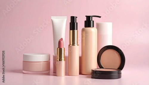 Elegant cosmetic flat lay with pink-themed makeup products, roses, and soft lighting on a pastel background.