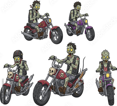 Zombie motorcycle cartoon, undead biker gang, horror humor vector, exposed bones, skull flames, tattered clothing, spooky characters, stock illustration