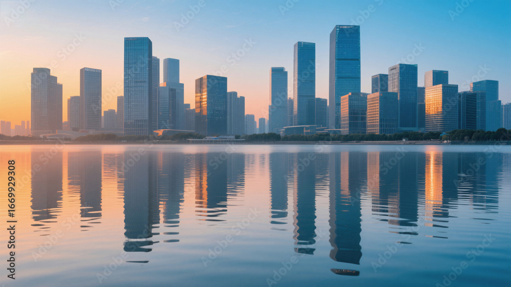 Naklejka premium city skyline at sunset