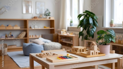 Bright and organized Montessori classroom with wooden educational toys and materials