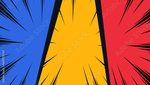 Colorful pop art comic background with lightning. Cartoon vector illustration on a yellow background. Design illustration.