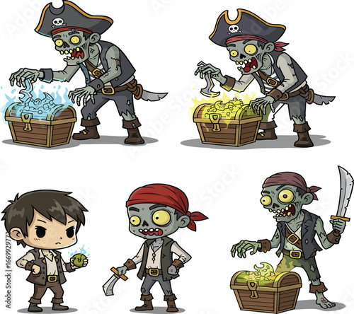 Zombie pirate cartoon, cursed treasure chest, glowing magical loot, fantasy adventure vector, undead crew vs human hero illustration
