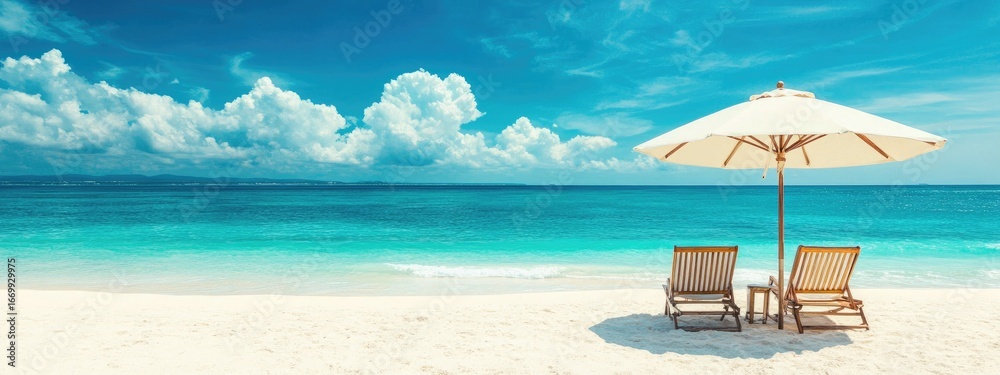 Obraz premium Tropical beach scene with umbrella and chairs (18)