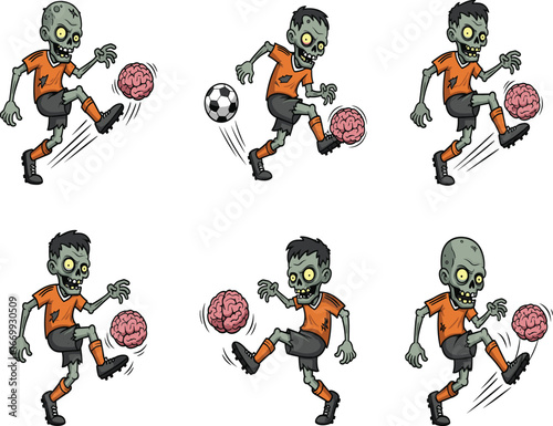 Zombie soccer player, cartoon illustration, Halloween humor, brain ball, spooky sports, creepy character, horror vector, funny undead, eerie game, night scene