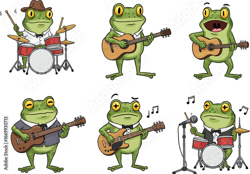 Cartoon frogs playing musical instruments in band performance, guitar, drums, singing poses, fun character vector illustration set for entertainment and music themesCartoon frogs playing musical instr