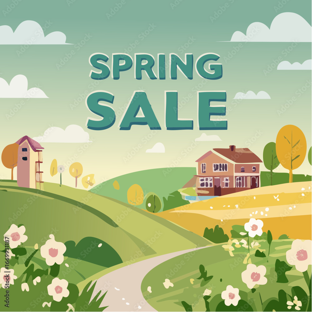 Naklejka premium Spring SALE green decorative retro banner VECTOR