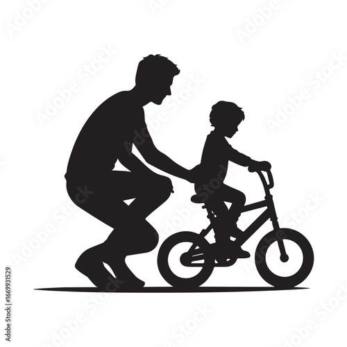 parents teaching child riding bicycle vector silhouette clip art logo design illustration