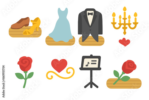 Ballroom Dance Icons. Flat vector mini-illustrations Ballroom dance shoes on polished wooden floor in colors children's