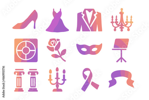 Ballroom Dance Icons Set. Gradient icons set of ballroom dance interludes: ballroom shoes, ballroom gown, tuxedo jacket,