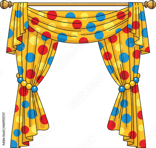 Colorful Polka Dot Curtains with Valance and Tiebacks Illustration