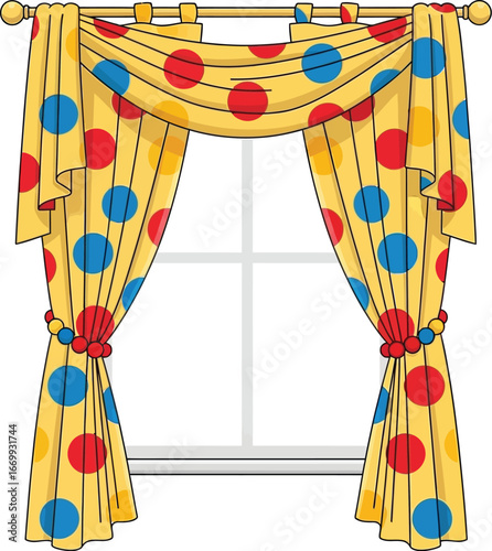 Colorful Polka Dot Curtains with Valance and Tiebacks Illustration