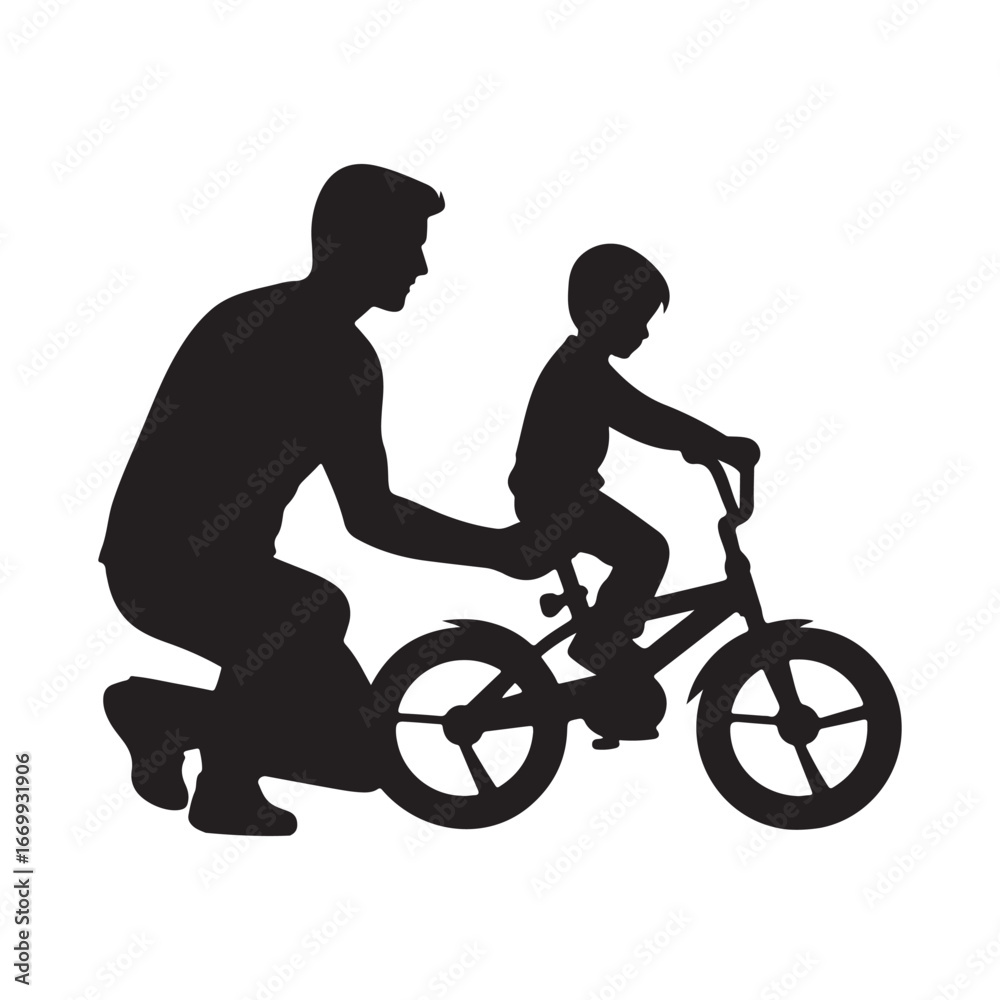 Fototapeta premium parents teaching child riding bicycle vector silhouette clip art logo design illustration
