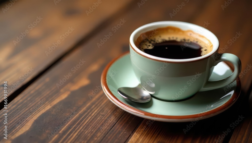 Fototapeta premium Ceramic coffee cup, rich brown coffee, polished wood surface, smooth, dark