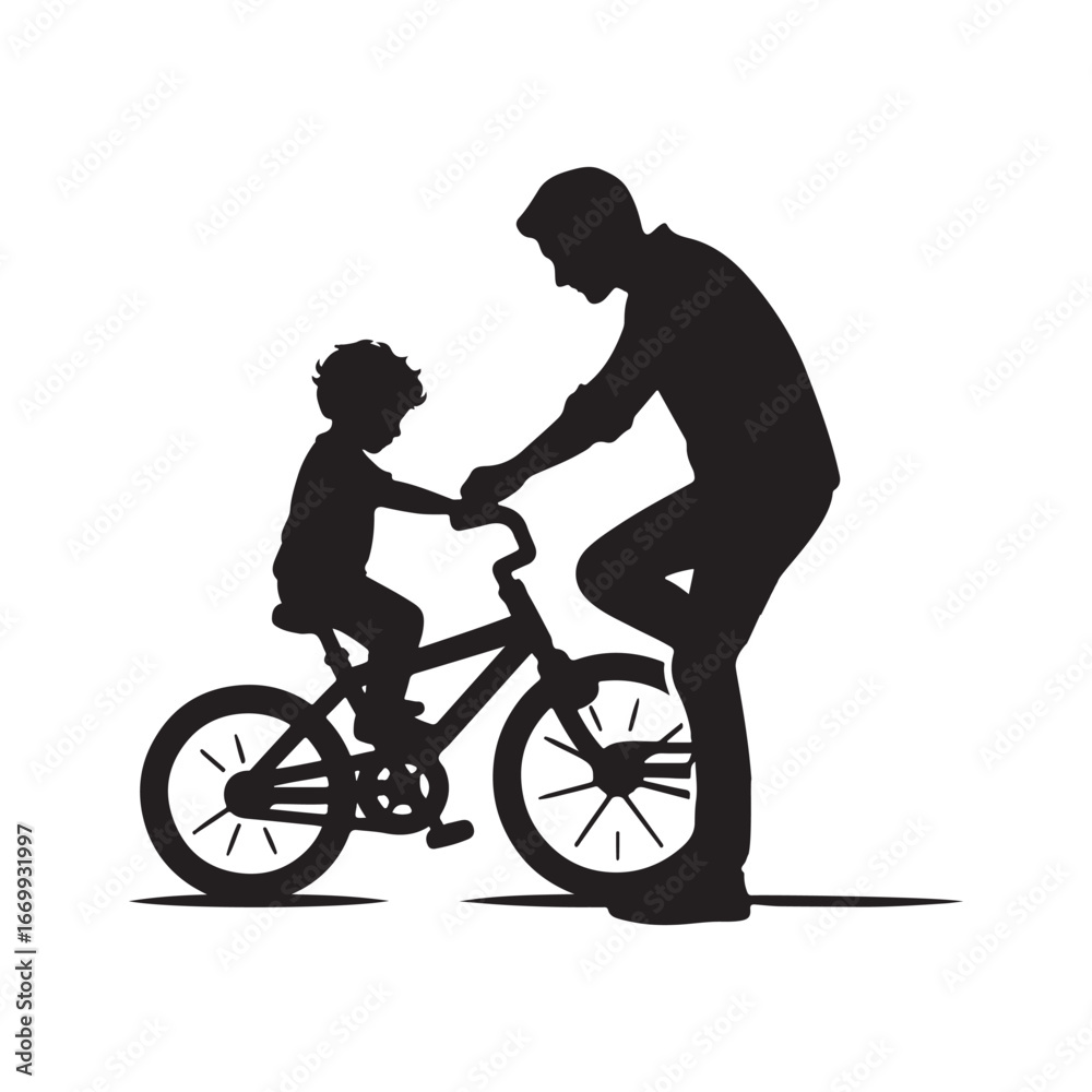 Fototapeta premium parents teaching child riding bicycle vector silhouette clip art logo design illustration
