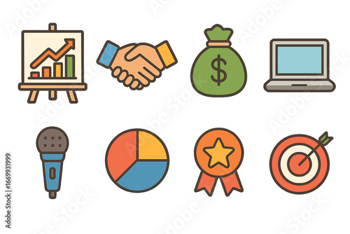 Business Icons for Kids. Flat vector mini-illustrations Pitching to investors in colors children's illustrations: easel with chart