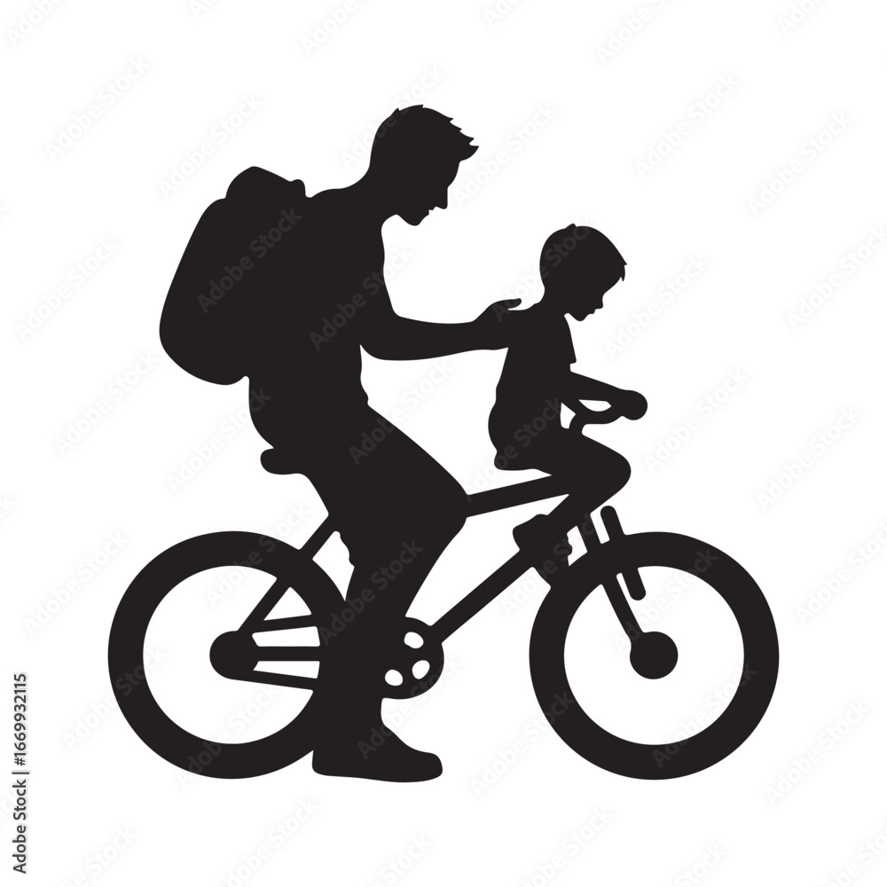 Fototapeta premium parents teaching child riding bicycle vector silhouette clip art logo design illustration