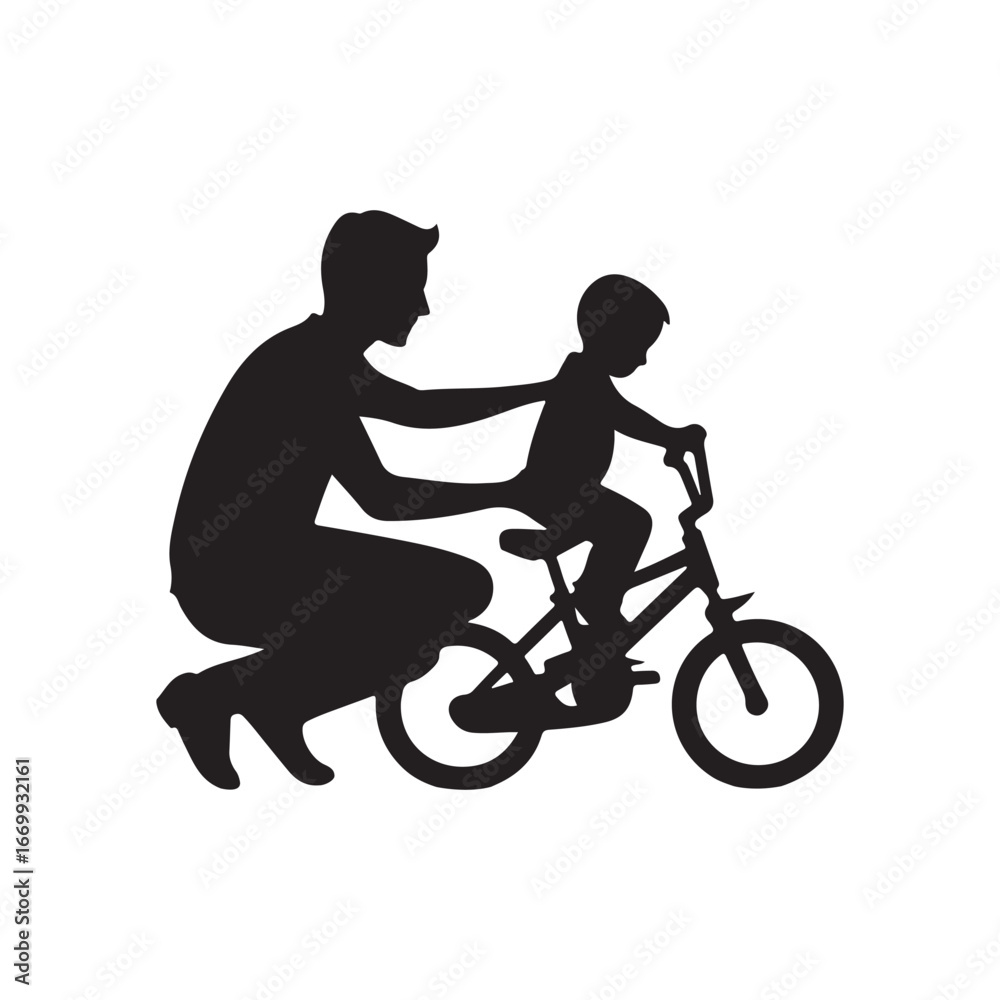 Fototapeta premium parents teaching child riding bicycle vector silhouette clip art logo design illustration