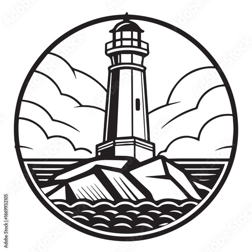 Classic lighthouse emblem illustration guiding ships safely through stormy seas and cloudy skies