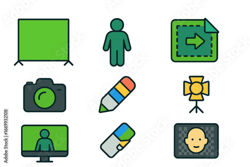 Children's Film Set Icons. Flat vector mini-illustrations Green screen chroma key in colors children's illustrations: green